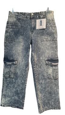 Blue Turtle Women's Acid Wash Cargo Wide Leg High Rise Denim Jeans Cargo Size 22